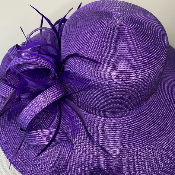 Statement Purple Wide-Brim Formal Hat with Feather Detail - Picture 5 of 6